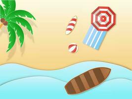 top visie van strand kant achtergrond met kokosnoot boom, paraplu, surfplank, bal en zonnebank. vector