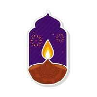 geïsoleerd sticker van brandend bloemen olie lit lamp tegen barsten vuurwerk Purper deuropening achtergrond. vector