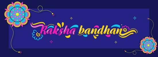 raksha bandhan belettering met rakhi en boog druppels Aan blauw achtergrond. vector