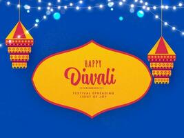 gelukkig diwali viering groet kaart met traditioneel lantaarns, verlichting slinger Aan geel en blauw achtergrond. vector