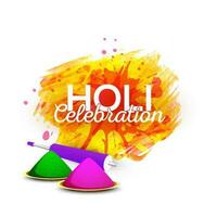 holi viering concept met droog kleuren bord, water geweer en oranje borstel plons effect Aan wit achtergrond. vector