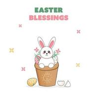 Pasen zegeningen groet kaart met grappig konijn, eieren in bloem pot Aan wit achtergrond. vector