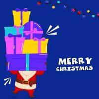 vrolijk Kerstmis viering concept met de kerstman claus Holding geschenk dozen, verlichting slinger Aan blauw achtergrond. vector