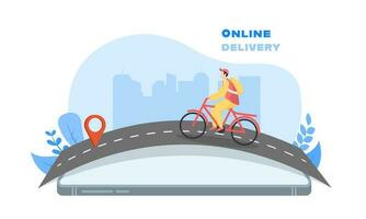 levering jongen rijden fiets met plaats bijhouden app in smartphone Aan wit en blauw silhouet gebouwen achtergrond. vector