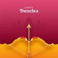 gelukkig dussehra viering poster ontwerp met gouden boog, pijl Aan geel en roze silhouet ayodhya visie of tempel achtergrond. vector