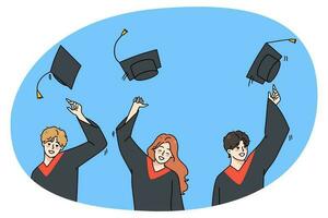 opgewonden studenten Gooi hoeden in lucht vieren diploma uitreiking vector