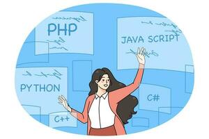 vrouw codeur programmering met computer talen vector