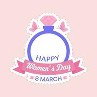 edelsteen ring met gelukkig vrouwen dag tekst tegen roze achtergrond. vector