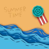 zomer tijd doopvont met top visie van paraplu, zon ligstoel en papier besnoeiing water golven Aan oranje achtergrond. vector