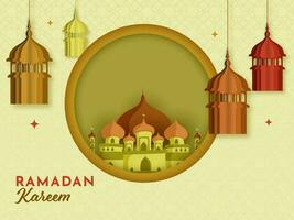 circulaire papier laag besnoeiing achtergrond versierd met papier besnoeiing lantaarns hangen en moskee illustratie voor Ramadan kareem concept. vector