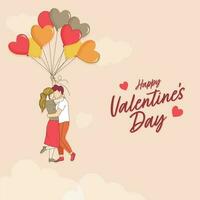 gelukkig Valentijnsdag dag doopvont met jong paar omarmen terwijl houden hart vormig ballonnen Aan perzik achtergrond. vector