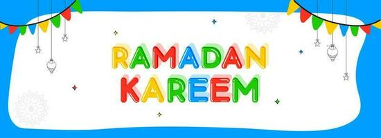 kleurrijk Ramadan kareem tekst met tekening sterren, lantaarns hangen, vlaggedoek vlaggen versierd Aan wit en blauw achtergrond. vector