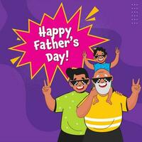 gelukkig vader dag concept met twee generaties van vader en zoon geven vrede teken Aan Purper achtergrond. vector