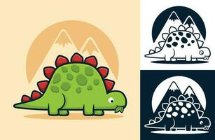 stegosaurus aan het eten bladeren Aan vulkanen achtergrond. vector tekenfilm illustratie in vlak icoon stijl