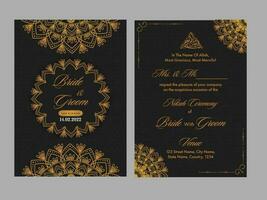 Islamitisch bruiloft uitnodiging kaart met mandala patroon in zwart en oranje kleur. vector