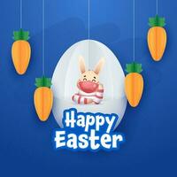 sticker stijl gelukkig Pasen doopvont met schattig konijn slijtage veiligheid masker, origami papier ei, konijnen hangen Aan blauw achtergrond. vector