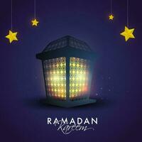 Ramadan kareem poster ontwerp met verlichte lantaarn en sterren hangen Aan blauw licht effect achtergrond. vector