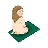 illustratie van moslim vrouw aanbieden namaz in tashahhud houding Bij groen mat. vector