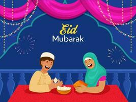 eid mubarak concept met vrolijk Islamitisch jong jongen en meisje aan het eten snoepgoed Aan blauw vuurwerk achtergrond. vector