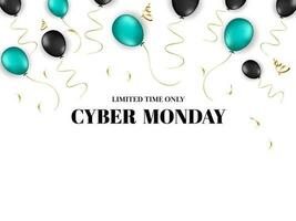 cyber maandag uitverkoop poster ontwerp met glanzend ballonnen en gouden confetti Aan wit achtergrond. vector