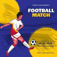 Amerikaans voetbal bij elkaar passen poster ontwerp met gezichtsloos voetballer speler schoppen bal Aan geel en blauw stadion achtergrond. vector