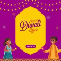 diwali uitverkoop poster ontwerp met Indisch kinderen Holding sprankelend stokken, verlichting slinger Aan geel en magenta achtergrond. vector