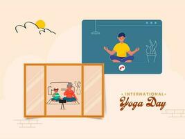 mensen aan het doen oefening Bij huis door video telefoontje elk andere Aan pastel perzik achtergrond voor Internationale yoga dag concept. vector