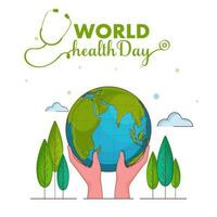 groen wereld Gezondheid dag doopvont met stethoscoop en handen Holding wereldwijd Aan wit achtergrond. vector