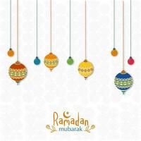 Ramadan mubarak groet kaart versierd met traditioneel lantaarns en licht bollen hangen Aan wit bloemen of mandala patroon achtergrond. vector
