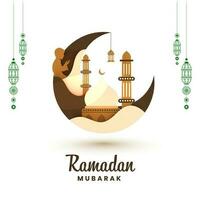 Ramadan mubarak concept met halve maan maan, moskee, hangende lampen en silhouet Islamitisch jongen bidden Aan wit achtergrond. vector