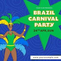 Brazilië carnaval uitnodiging kaart met vrouw samba danser Aan groen en blauw kolken patroon achtergrond. vector