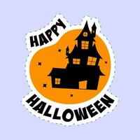 sticker stijl gelukkig halloween doopvont met achtervolgd huis Aan oranje en blauw achtergrond. vector