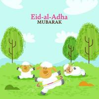 eid al adha mubarak concept met drie grappig schapen genieten van Aan blauw en groen natuurlijk achtergrond. vector