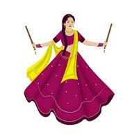 mooi Indisch jong vrouw spelen dandiya in traditioneel kleding Aan wit achtergrond. vector