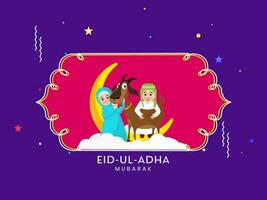eid-ul-adha mubarak concept met Islamitisch paar Holding geit, halve maan maan Aan rood en Purper achtergrond. vector