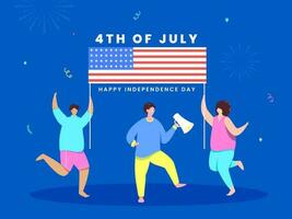 4e van juli, gelukkig onafhankelijkheid dag concept met mensen Holding Amerikaans vlag banier tegen blauw confetti achtergrond. vector