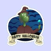 sticker stijl gelukkig halloween doopvont met heks of tovenaar Holding magie stok Aan blauw achtergrond. vector