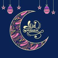 elegant eid mubarak doopvont met paisley halve maan maan, sterren, lantaarns hangen Aan blauw achtergrond. vector