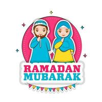 sticker stijl Ramadan mubarak doopvont met Islamitisch paar in aadab houding Aan roze en wit achtergrond. vector