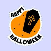 sticker stijl gelukkig halloween doopvont met lijkkist doos Aan oranje en blauw achtergrond. vector