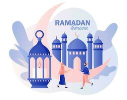 Ramadan kareem. heilig maand, lantaarn voor bidden Bij nacht en moskee. klein mensen begroeten elk andere eid mubarak vakantie. moslim feest. modern vlak tekenfilm stijl. vector illustratie Aan wit achtergrond