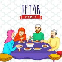 vrolijk Islamitisch mensen genieten van heerlijk voedingsmiddelen Bij dining tafel Aan de gelegenheid van iftar feest. vector