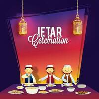 Ramadan kareem, iftar partij uitnodiging kaart met illustratie van moslim mannen genieten van heerlijk voedsel. vector