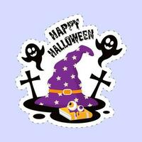 gelukkig halloween doopvont met festival elementen in sticker stijl Aan blauw achtergrond. vector