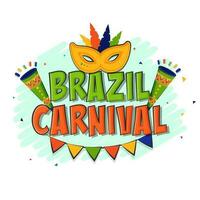Brazilië carnaval doopvont met veer masker, vuvuzela, vlaggedoek vlaggen Aan turkoois kattebelletje smeren Aan wit achtergrond. vector