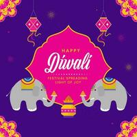 gelukkig diwali groet kaart met olifant dieren, traditioneel pot, lantaarn hangen Aan roze en Purper achtergrond. vector