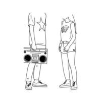 tieners levensstijl. jong vrouw en Mens met boombox. jeugd stijl concept. hand- getrokken vector illustratie.