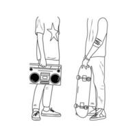 tieners levensstijl. jong mannen met boombox en skateboard. jeugd stijl concept. hand- getrokken vector illustratie.