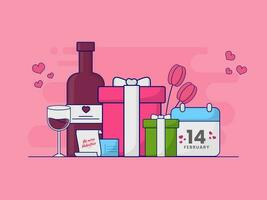 gelukkig Valentijnsdag dag concept met kalender, geschenk dozen, liefde brief, Champagne fles, glas en bloemen Aan Purper achtergrond. vector