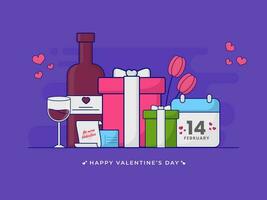 gelukkig Valentijnsdag dag concept met kalender, geschenk dozen, liefde brief, Champagne fles, glas en bloemen Aan Purper achtergrond. vector